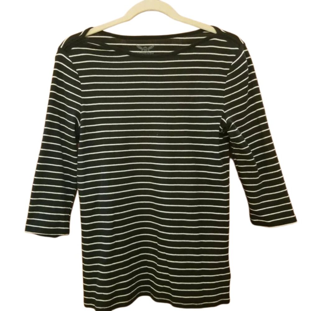 Faded Glory Black and White Striped Quarter Length Blouse